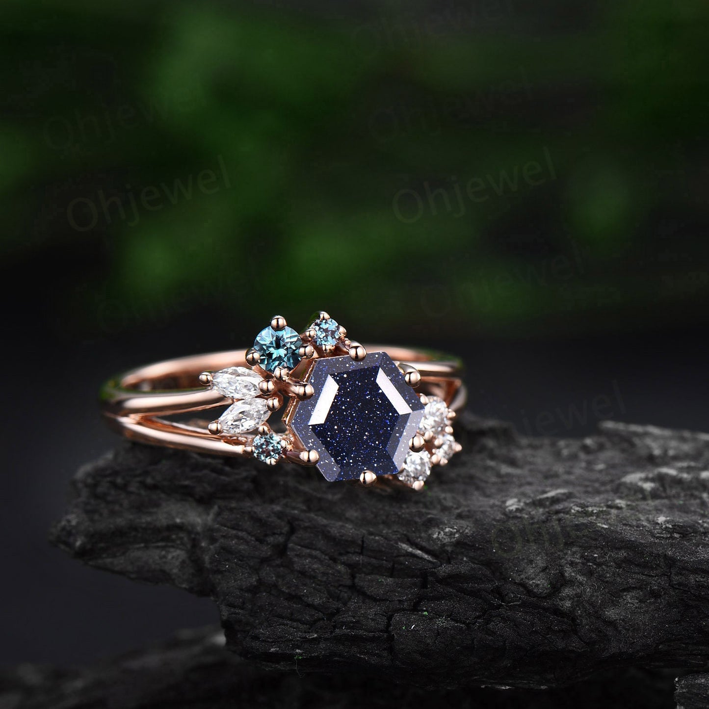 7mm Hexagon cut blue sandstone goldstone engagement ring rose gold silver cluster alexandrite ring split shank diamond wedding ring women