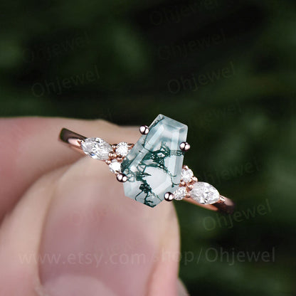 Coffin shaped green moss agate ring unique engagement ring 14k rose gold silver art deco diamond ring women anniversary wedding promise ring