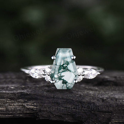 Coffin shaped green moss agate ring unique engagement ring 14k rose gold silver art deco diamond ring women anniversary wedding promise ring