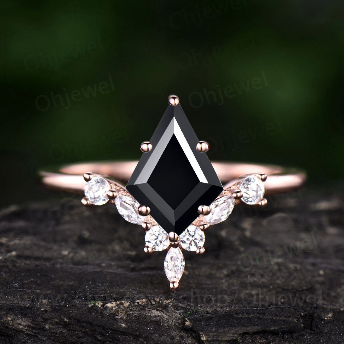 6 Prong Kite Cut Black Onyx Ring Unique Engagement Ring 14K Rose Gold Silver Art Deco Diamond Ring Women Wedding Promise Anniversary Ring Moissanites