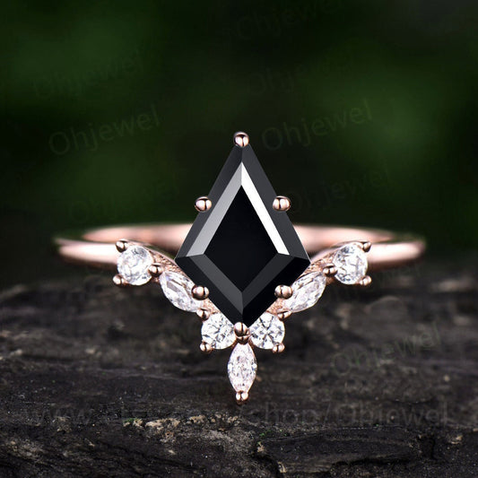 6 prong kite cut black onyx ring unique engagement ring 14k rose gold silver art deco diamond ring women wedding promise anniversary ring