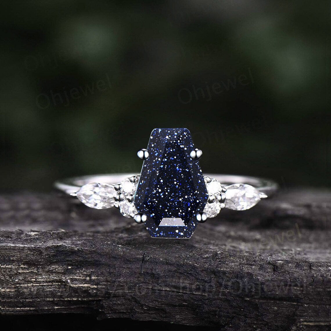 Coffin shaped blue sandstone ring unique engagement ring 14k rose gold silver blue goldstone ring diamond anniversary  promise ring women