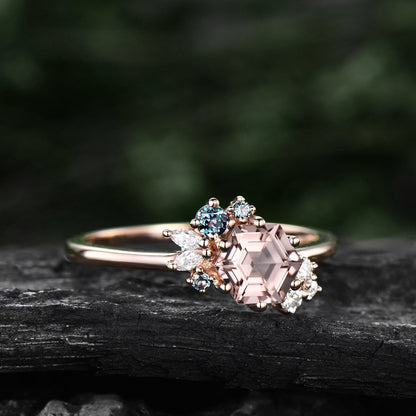 Hexagon cut pink morganite ring rose gold vintage unique engagement ring cluster Alexandrite  ring marquise diamond wedding ring for women