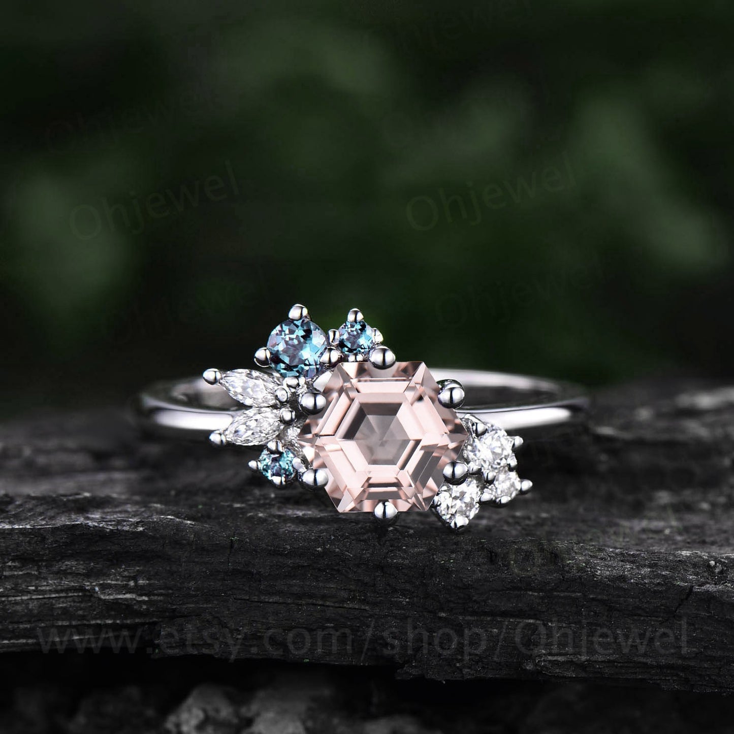 Hexagon cut pink morganite ring rose gold vintage unique engagement ring cluster Alexandrite  ring marquise diamond wedding ring for women