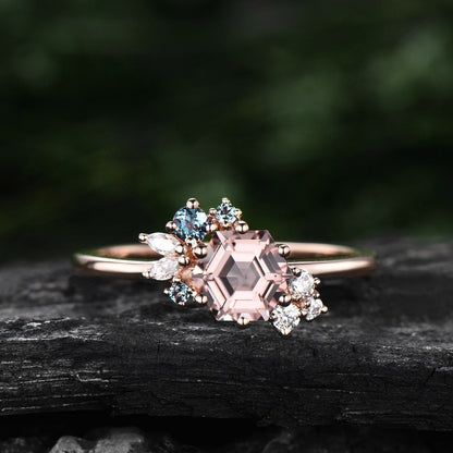 Hexagon cut pink morganite ring rose gold vintage unique engagement ring cluster Alexandrite  ring marquise diamond wedding ring for women
