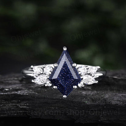 Kite cut blue sandstone ring rose gold cluster unique engagement ring for women marquise cut ring diamond wedding promise anniversary ring