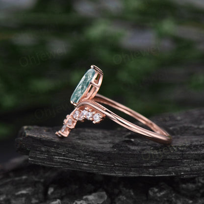 Moss agate ring vintage pear shaped moss agate engagement ring 14k rose gold silver art deco cluster diamond promise wedding ring women gift