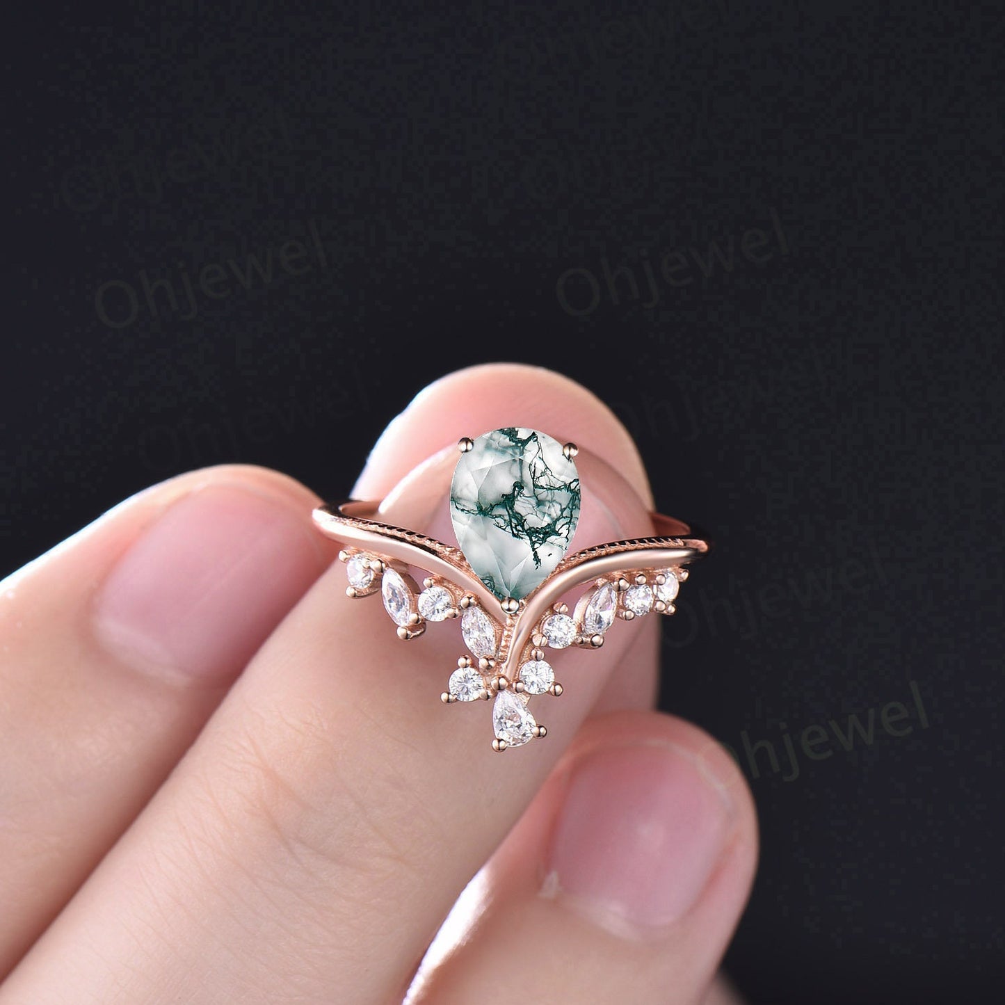Moss agate ring vintage pear shaped moss agate engagement ring 14k rose gold silver art deco cluster diamond promise wedding ring women gift