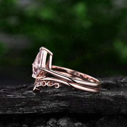 1ct kite cut pink morganite ring rose gold unique solitaire engagement ring set vintage style diamond wedding ring band women bridal set