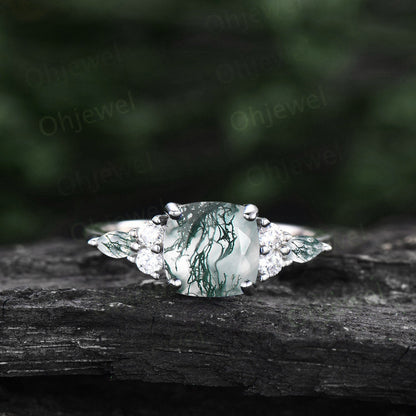 Vintage cushion cut green moss agate engagement ring rose gold diamond ring marquise cut moss agate ring unique anniversary ring for women