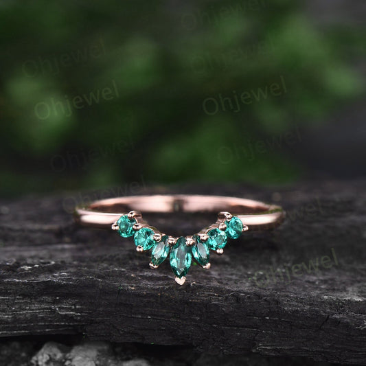 Vintage marquise cut emerald wedding band 14k rose gold sterling silver emerald ring crown curved wedding ring band stacking ring women gift