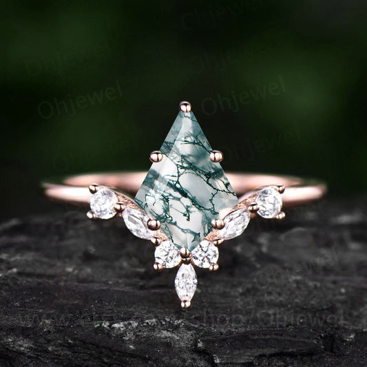 6 prong kite cut green moss agate engagement ring 14k rose gold marquise diamond ring vintage unique wedding promise anniversary ring women