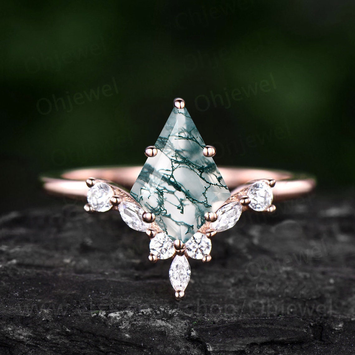 6 prong kite cut green moss agate engagement ring set 14k rose gold marquise diamond vintage unique wedding promise anniversary ring women