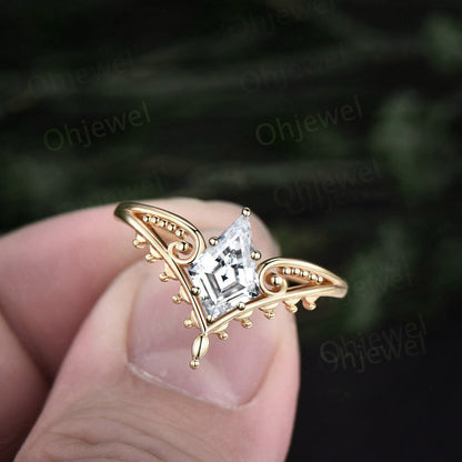 Vintage style kite cut moissanite engagement ring 14k yellow gold unique split shank Solitaire engagement ring for women promise ring her