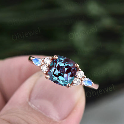 Vintage cushion cut Alexandrite engagement ring 14k rose gold marquise cut moonstone ring silver diamond promise anniversary ring for women
