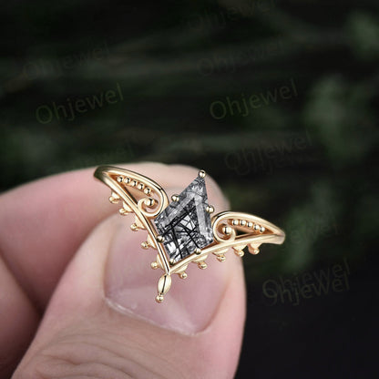 Vintage style kite cut black rutilated quartz ring unique split shank Solitaire engagement ring 14k yellow gold women promise wedding ring