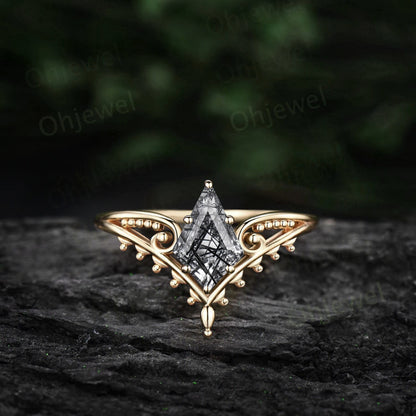Vintage style kite cut black rutilated quartz ring unique split shank Solitaire engagement ring 14k yellow gold women promise wedding ring