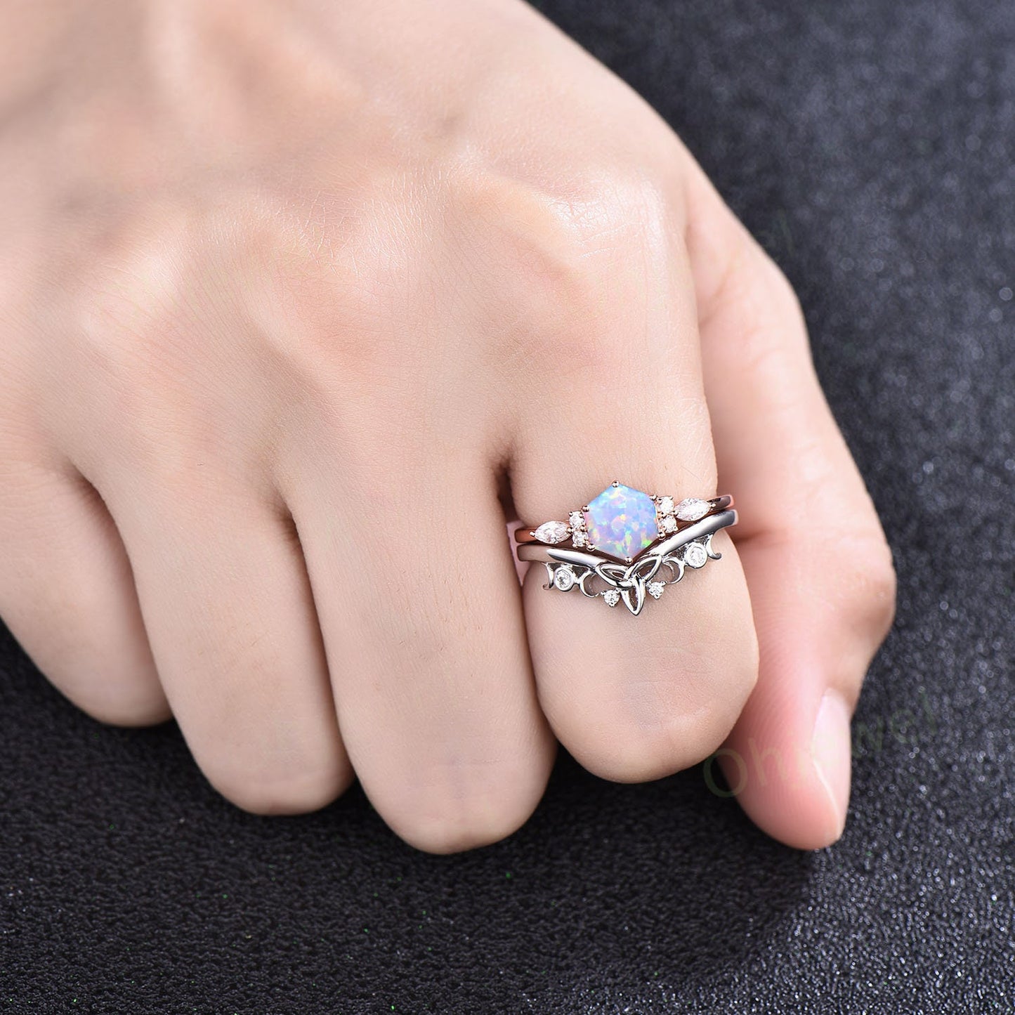 Hexagon white opal ring set gold silver dainty unique opal engagement ring set 6 prong moissanite ring for women October birthstone ring