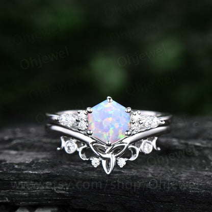 Hexagon white opal ring set gold silver dainty unique opal engagement ring set 6 prong moissanite ring for women October birthstone ring