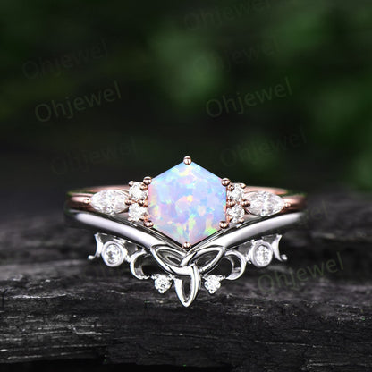 Hexagon white opal ring set gold silver dainty unique opal engagement ring set 6 prong moissanite ring for women October birthstone ring