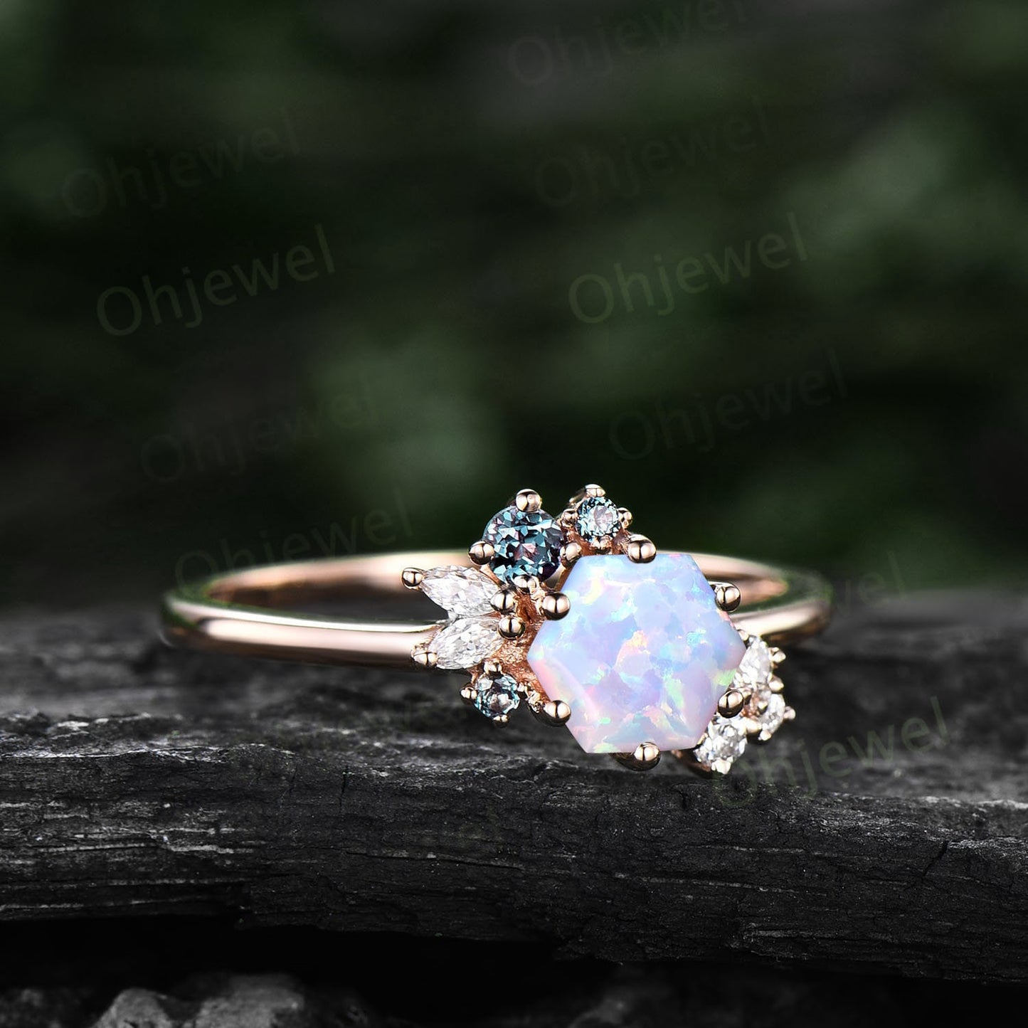 Vintage Hexagon cut white opal engagement ring 14k yellow gold cluster alexandrite marquise cut diamond ring unique anniversary ring gifts