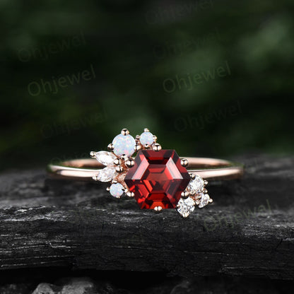 Vintage Hexagon cut red garnet ring engagement ring art deco cluster opal ring rose gold silver 6 prong set marquise diamond ring for women