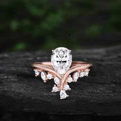 Vintage style pear shaped moissanite engagement ring solid 14k rose gold cluster marquise cut diamond ring women unique wedding promise ring