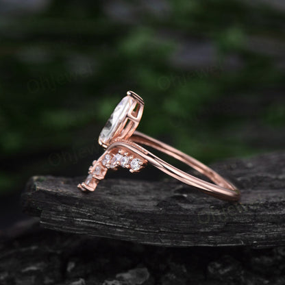 Vintage style pear shaped moissanite engagement ring solid 14k rose gold cluster marquise cut diamond ring women unique wedding promise ring