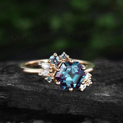 Vintage 2ct Hexagon cut Alexandrite engagement ring 14k rose gold art deco unique cluster engagement ring marquise cut diamond ring women