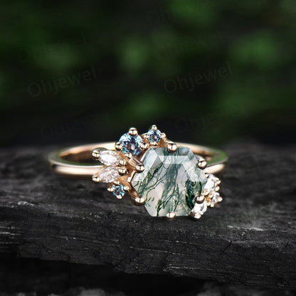 Vintage 7mm Hexagon cut green moss agate engagement ring rose gold marquise unique cluster engagement ring alexandrite diamond ring women