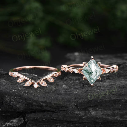 Kite cut green moss agate ring rose gold unique engagement ring set women leafopal ring silver moissanite bridal wedding promise ring set