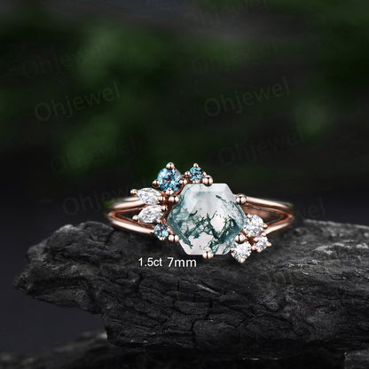 Hexagon cut moss agate engagement ring 14k rose gold silver cluster alexandrite ring 6 prong split shank diamond promise wedding ring women