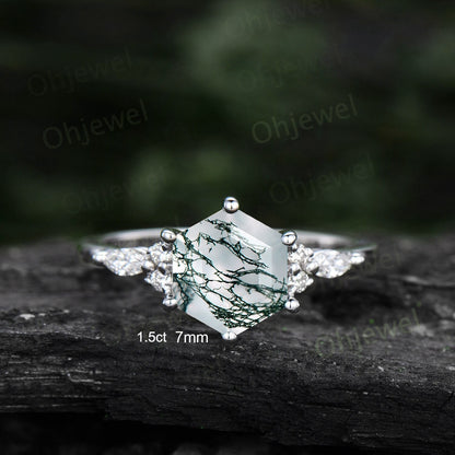 7mm Hexagon cut green moss agate engagement ring white gold 6 prong marquise unique engagement ring for women vintage diamond wedding ring