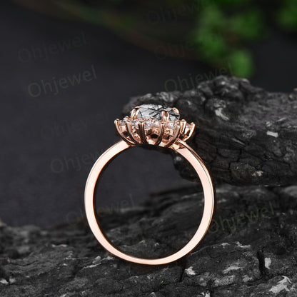 Vintage Hexagon cut black rutilated quartz ring rose gold silver unique cluster engagement ring for women black diamond anniversary ring