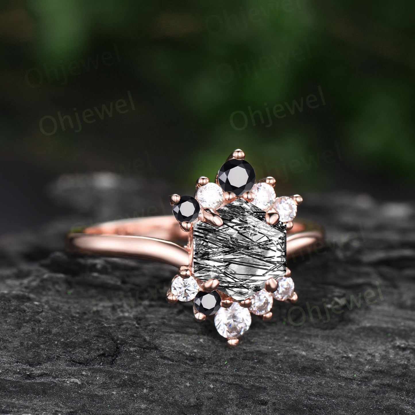 Vintage Hexagon cut black rutilated quartz ring rose gold silver unique cluster engagement ring for women black diamond anniversary ring