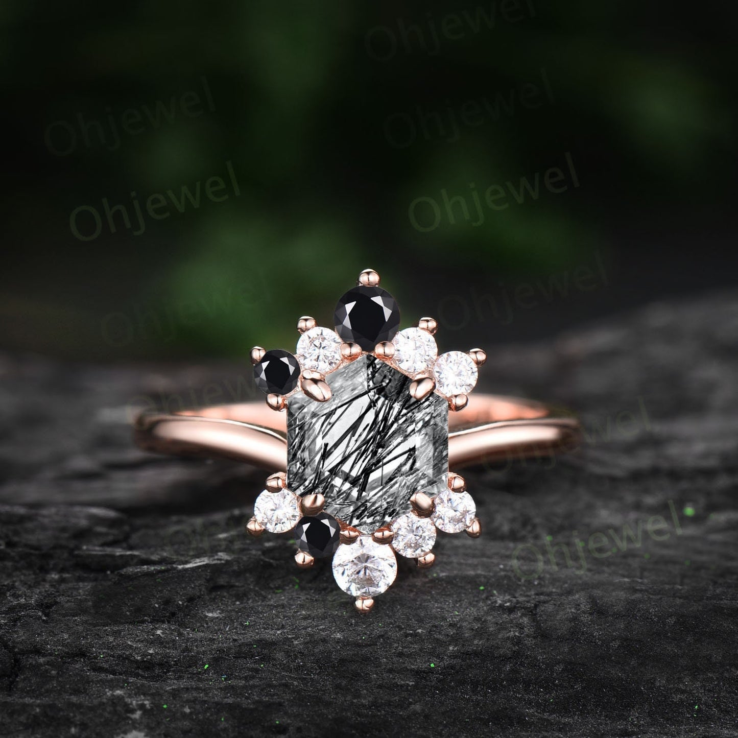 Vintage Hexagon cut black rutilated quartz ring rose gold silver unique cluster engagement ring for women black diamond anniversary ring