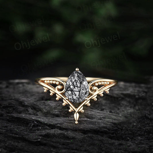 Vintage style pear shaped black rutilated quartz ring unique split shank Solitaire engagement ring 14k yellow gold women promise ring her