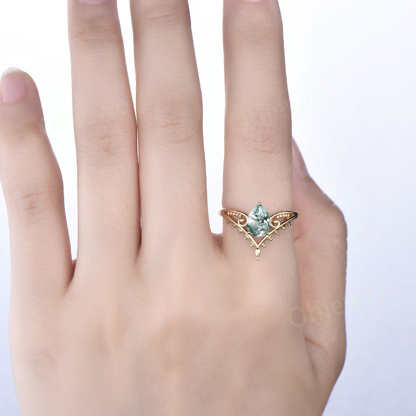 Vintage style pear shaped green moss agate ring unique split shank Solitaire engagement ring for women 14k yellow gold art deco promise ring