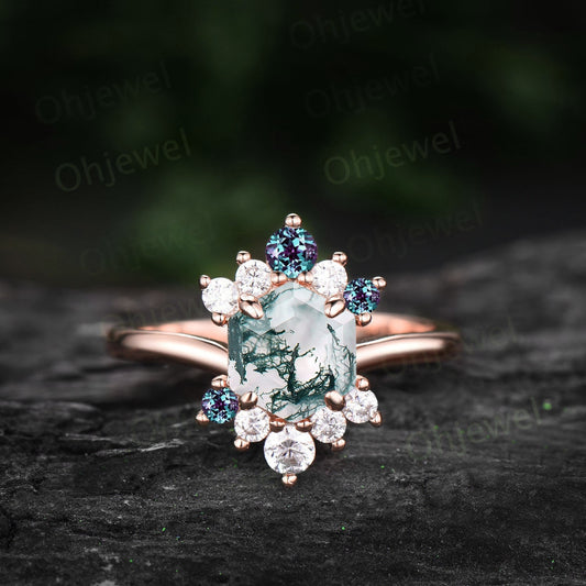 7mm Hexagon cut green moss agate ring rose gold vintage unique engagement ring for women cluster diamond alexandrite ring silver wedding
