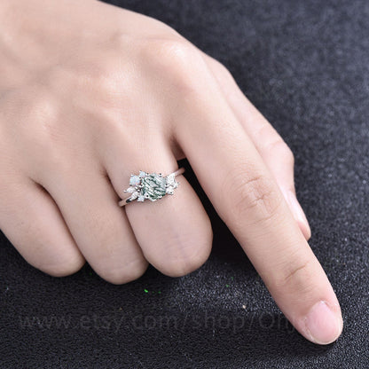 1ct Hexagon cut green moss agate ring solid 14k white gold sterling silver cluster opal ring marquise cut diamond engagement ring women gift