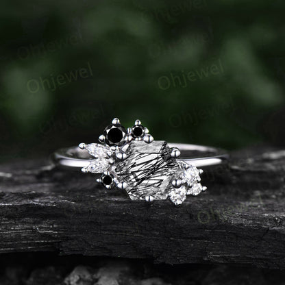 Hexagon cut black rutilated quartz ring vintage unique engagement ring rose gold marquise cluster black spinel dainty wedding ring women