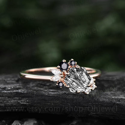 Hexagon cut black rutilated quartz ring vintage unique engagement ring rose gold marquise cluster black spinel dainty wedding ring women