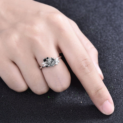 Hexagon cut black rutilated quartz ring vintage unique engagement ring rose gold marquise cluster black spinel dainty wedding ring women
