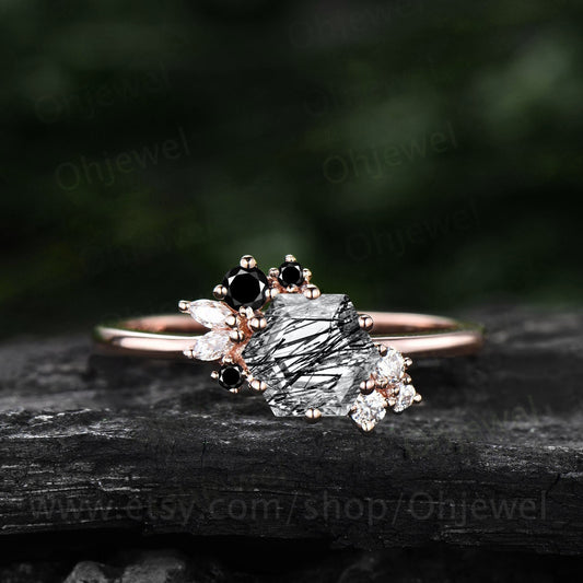 Hexagon cut black rutilated quartz ring vintage unique engagement ring rose gold marquise cluster black spinel dainty wedding ring women