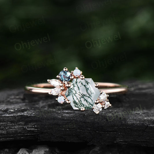 1ct Hexagon cut green moss agate ring gold silver cluster unique engagement ring for women opal alexandrite marquise diamond wedding ring