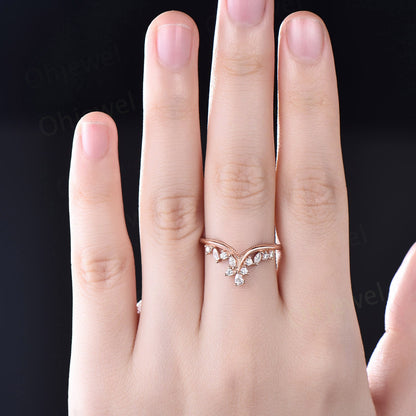 Unique pear marquise diamond wedding band 14k rose gold silver Milgrain curved cluster moissanite wedding ring band stacking matching ring