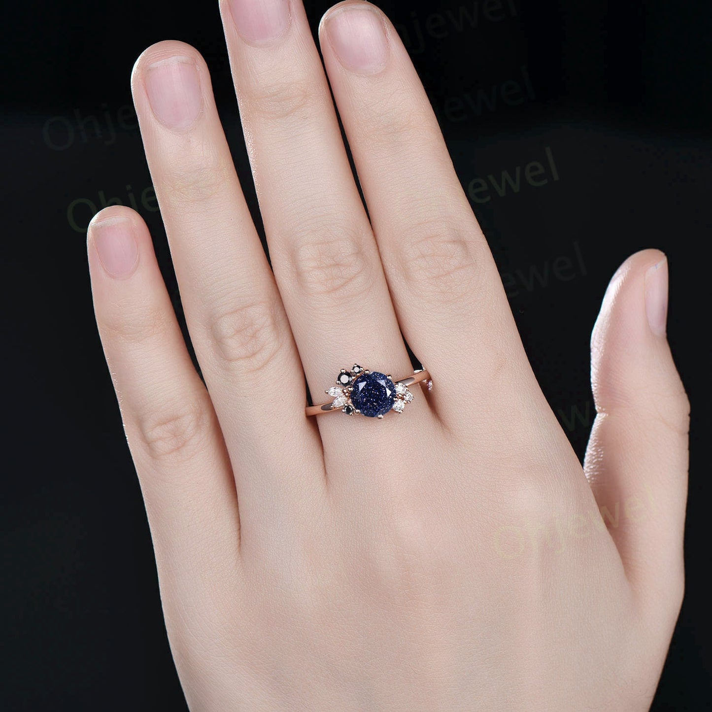 Vintage round cut blue sandstone engagement ring set rose gold silver cluster moissanite ring set black diamond wedding ring set for women