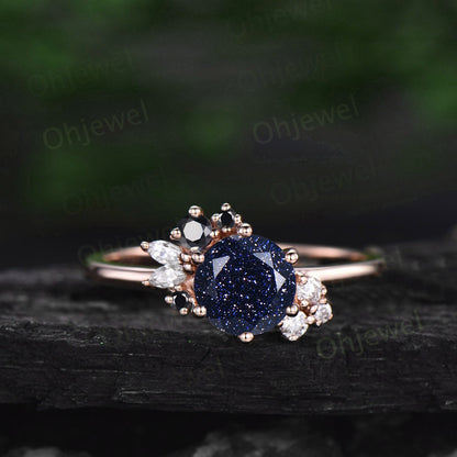 Vintage round cut blue sandstone engagement ring set rose gold silver cluster moissanite ring set black diamond wedding ring set for women