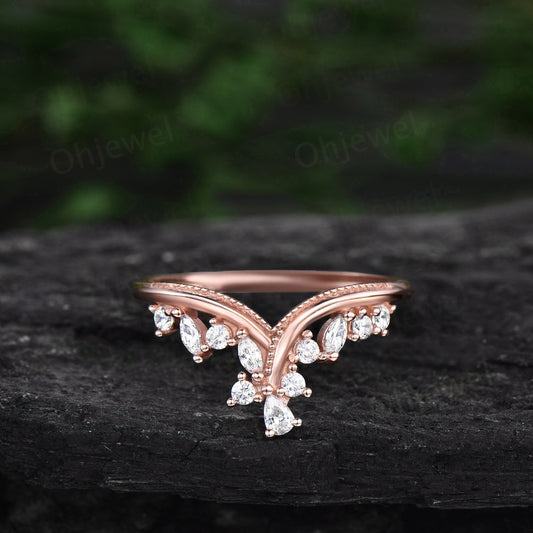 Unique pear marquise diamond wedding band 14k rose gold silver Milgrain curved cluster moissanite wedding ring band stacking matching ring
