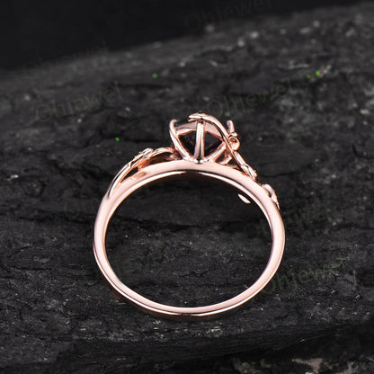 Vintage Hexagon cut black rutilated quartz ring rose gold leaf nature inspired solitaire engagement ring women unique promise wedding ring
